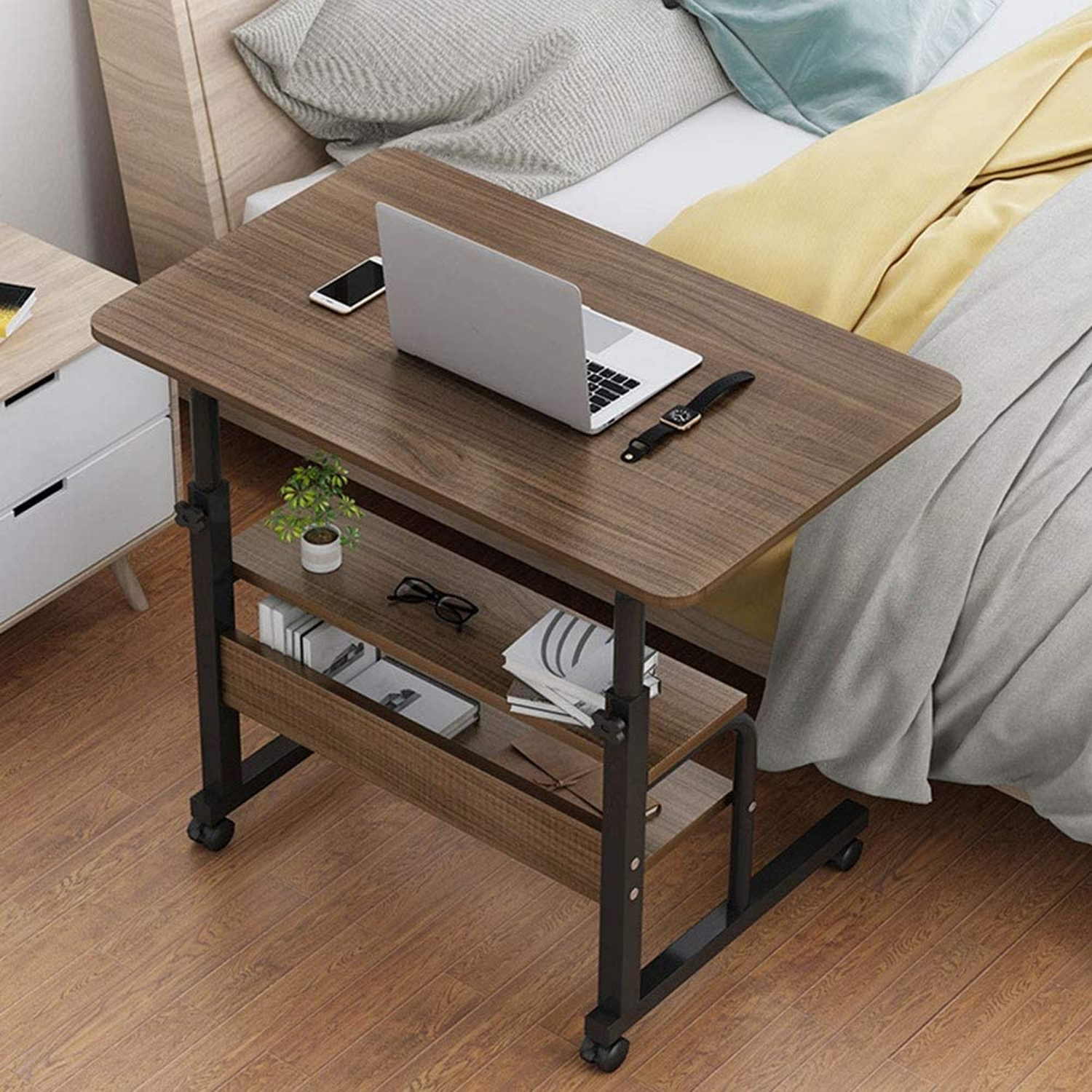 Wooden Laptop Table with Wheels Shelf Storage - Brown
