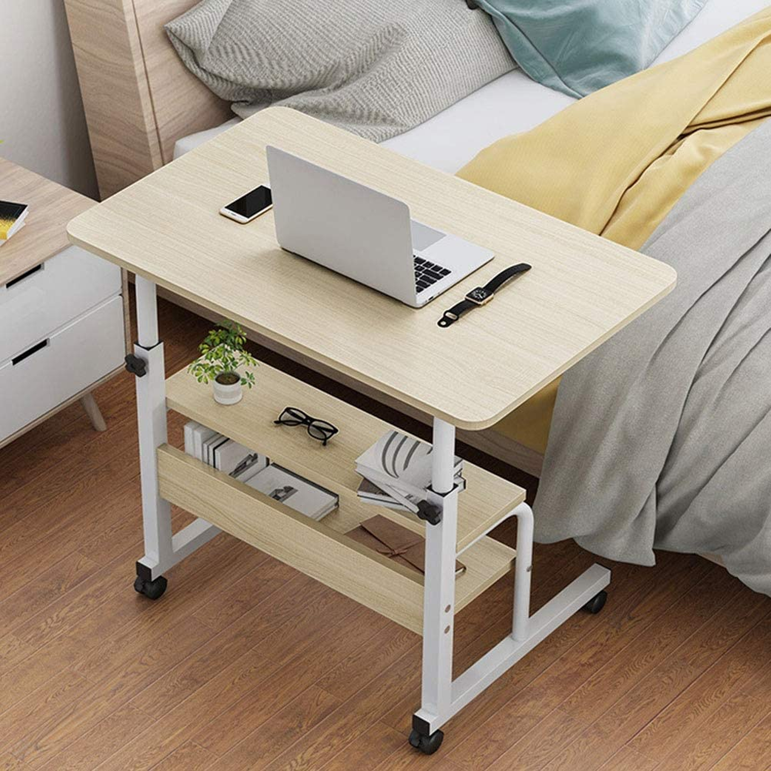 Wooden Laptop Table with Wheels Shelf Storage - Cream