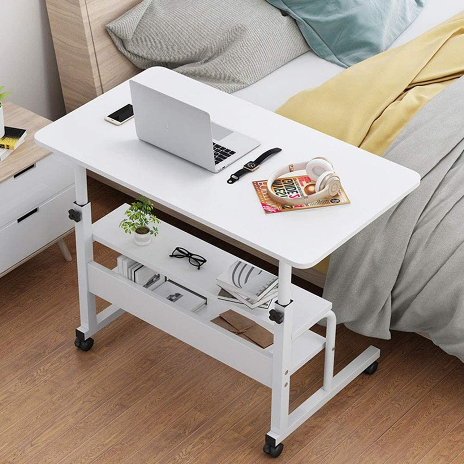 Wooden Laptop Table with Wheels Shelf Storage - White
