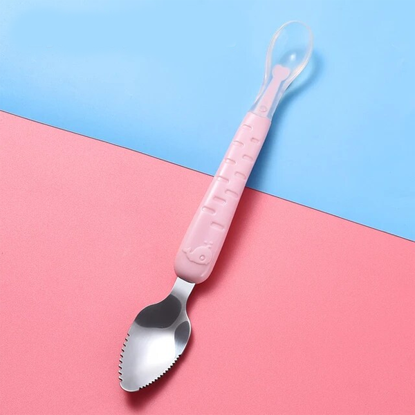Baby Fruit Spoon Double Head Easy To Clean Stainless Steel Multi Functional Feeding Spoon - Pink
