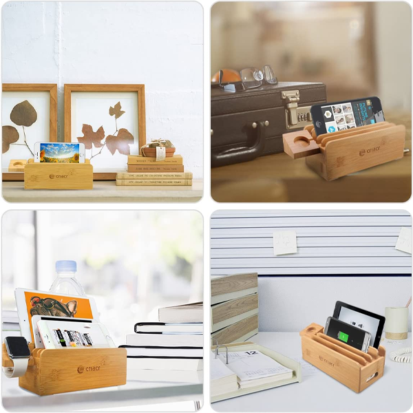 Criacr Charging Station, Multi Device Bamboo Charger Dock Organizer with 4 USB Port, Smart Fast Charge Stand for Apple Watch AirPods, Smart Fast Charge Station Dock, Phone Dock, Cables Included
