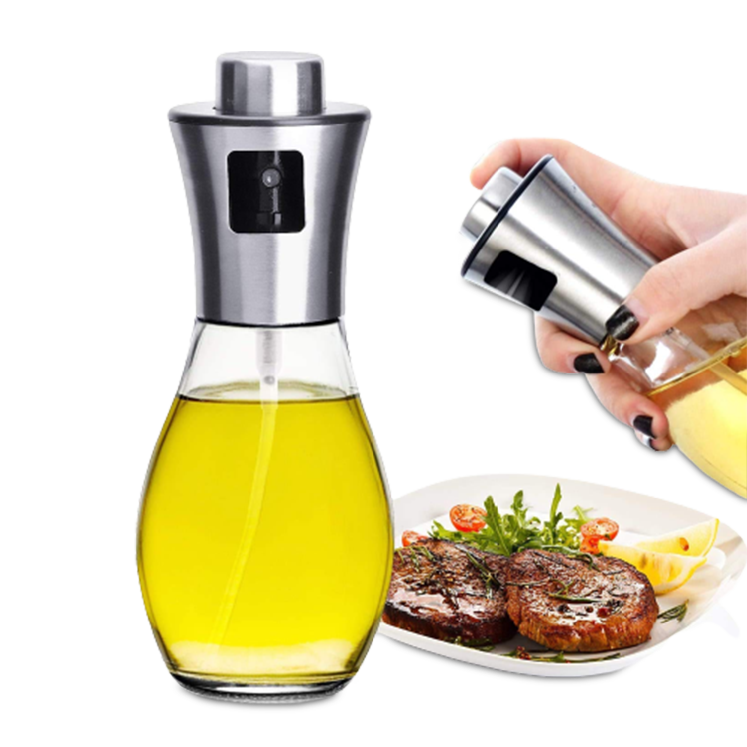 Glass Bottle for Cooking -Oil and Vinegar Dispenser Bottle for BBQ Baking Roasting Frying Oil Control Diet (Glass + Steel)